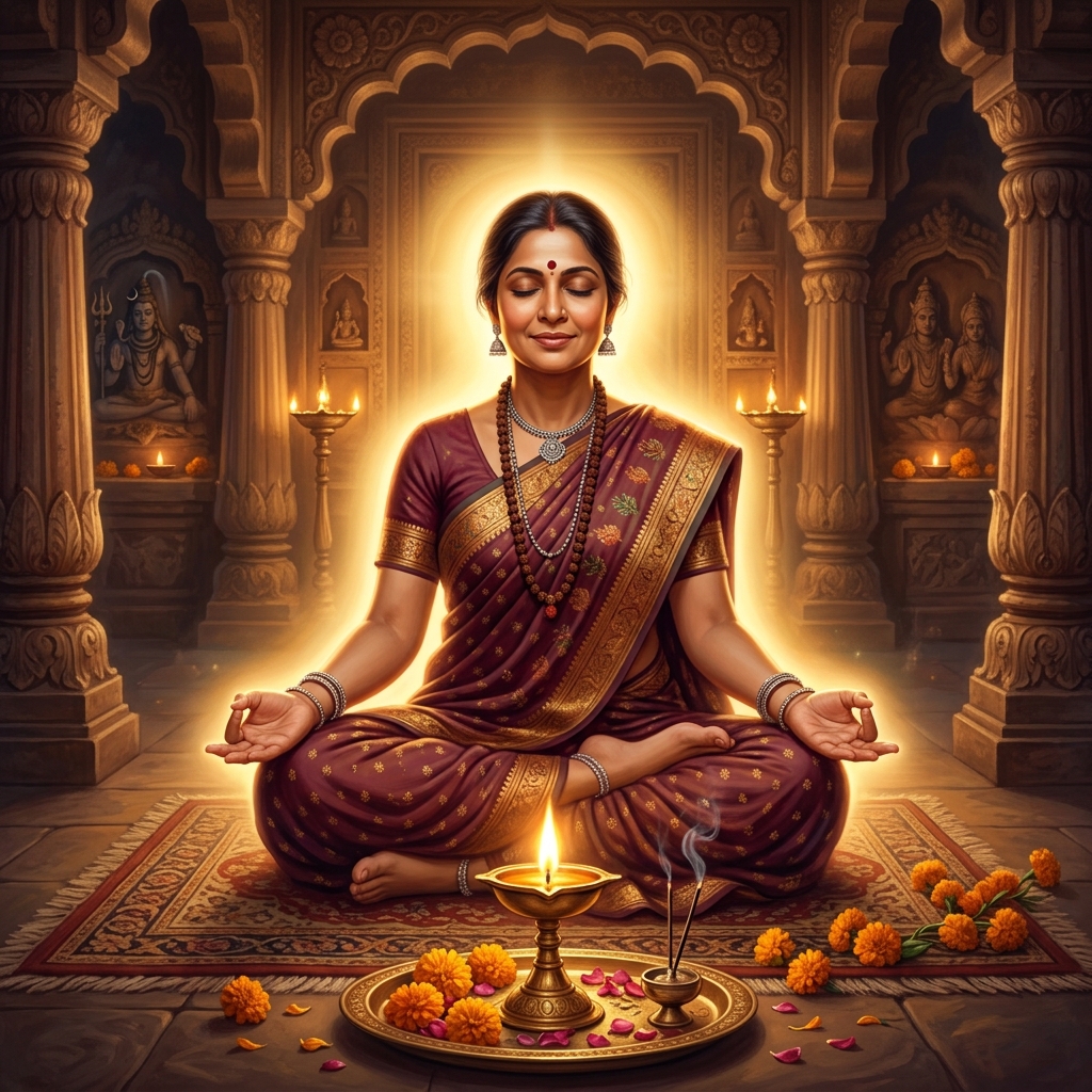 Sri Ramalakshmi Amma sitting in serene meditation with a divine golden aura